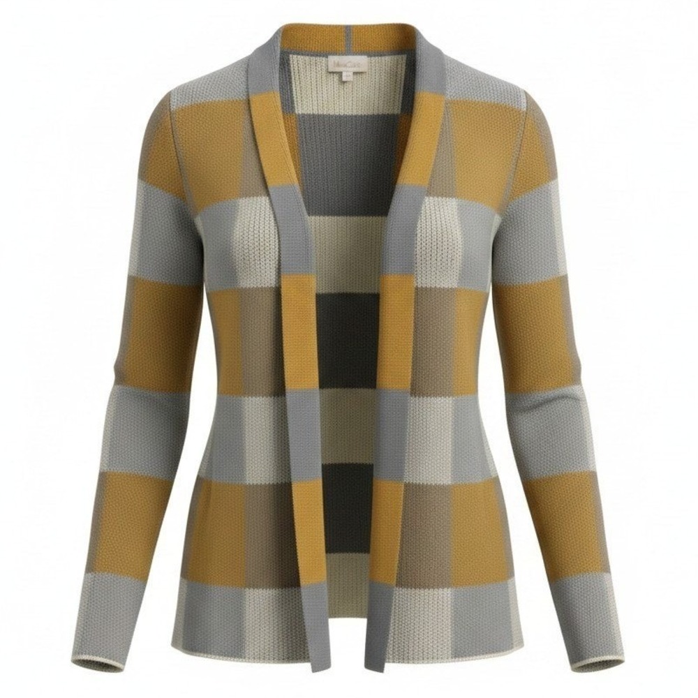ModCloth Womens L Mustard Yellow Grey Buffalo Check Cotton Open Cardigan Sweater
